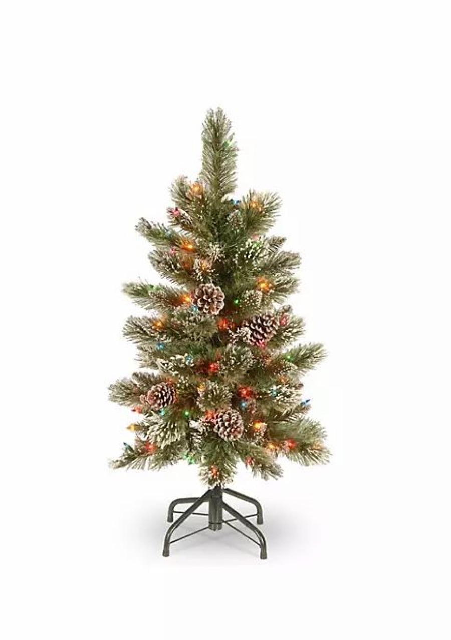 Trees * | Flash Sale National Tree 3 Pre-Lit Glittering Pine Pencil Slim Artificial Christmas Tree Multicolor Incandescent Lights Green