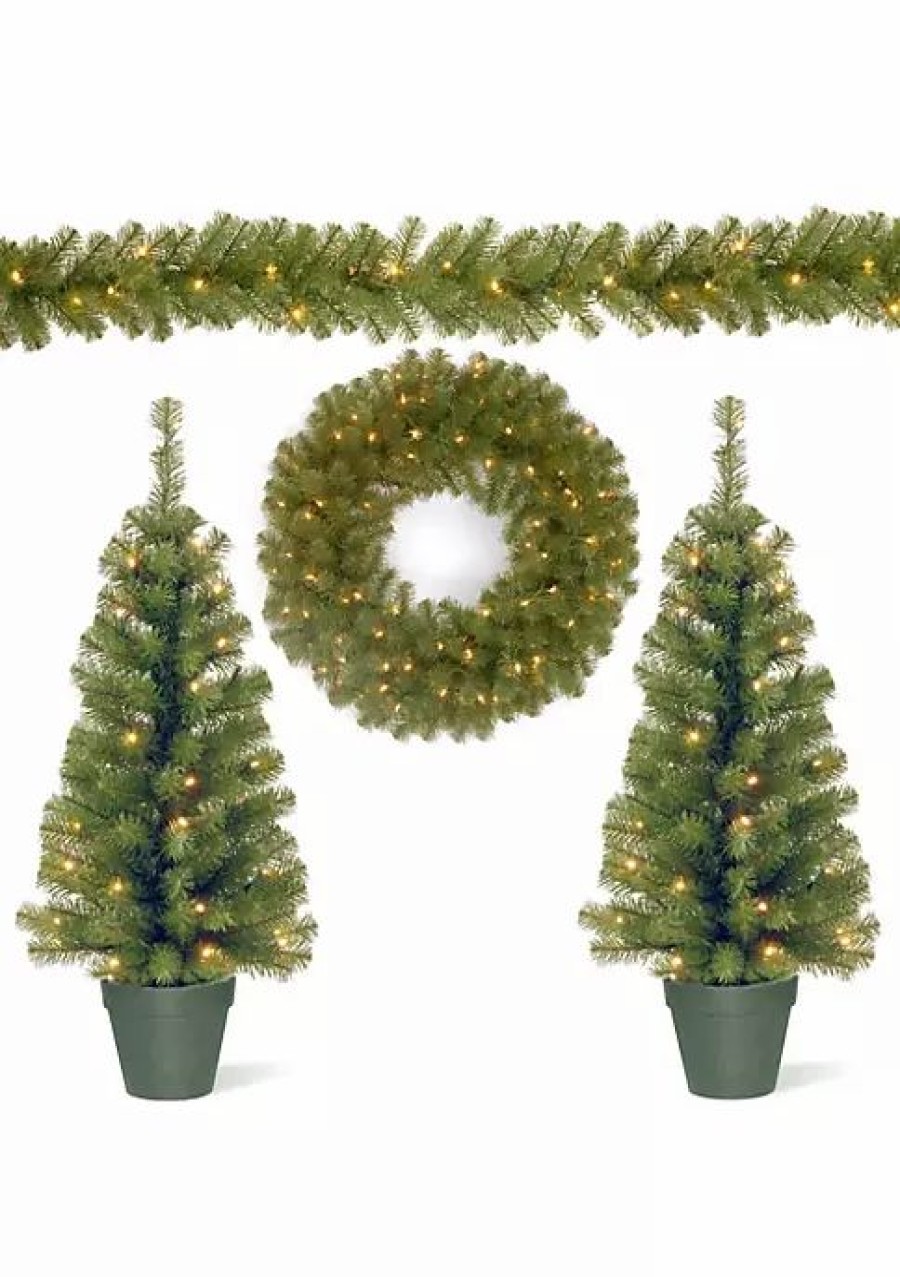 Trees * | Best Deal National Tree 4Pc Pre-Lit Battery Operated Artificial Christmas Set Warm White Led Lights 9 Green