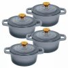 Home * | Cheap Lexi Home Cast Iron Enameled Grey Mini Cocotte With Lid Set Of 4 Cocottes Grey Ombre