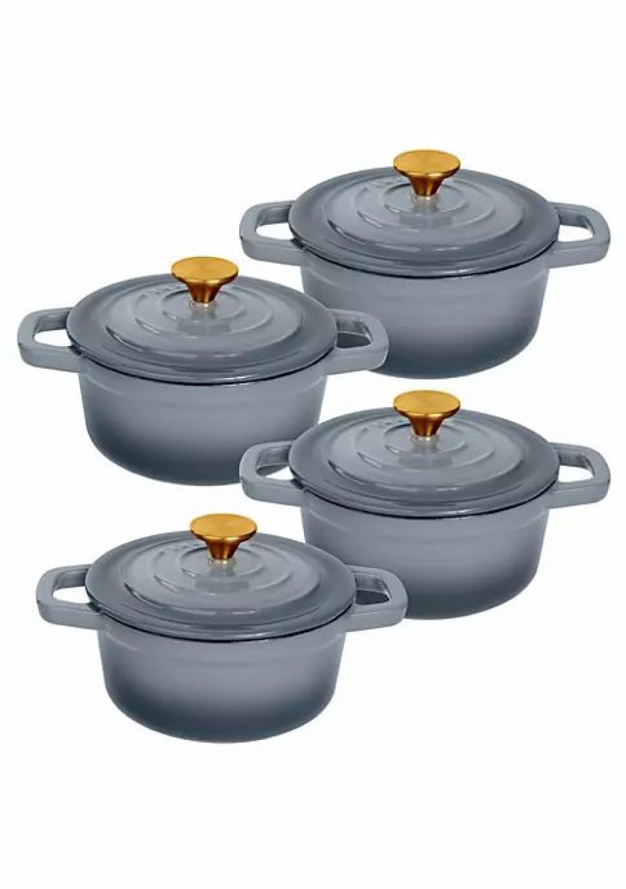 Home * | Cheap Lexi Home Cast Iron Enameled Grey Mini Cocotte With Lid Set Of 4 Cocottes Grey Ombre