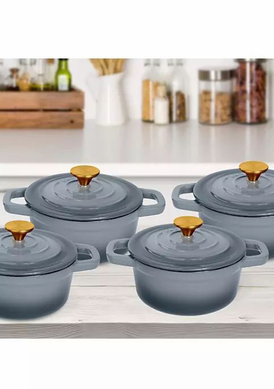 Home * | Cheap Lexi Home Cast Iron Enameled Grey Mini Cocotte With Lid Set Of 4 Cocottes Grey Ombre