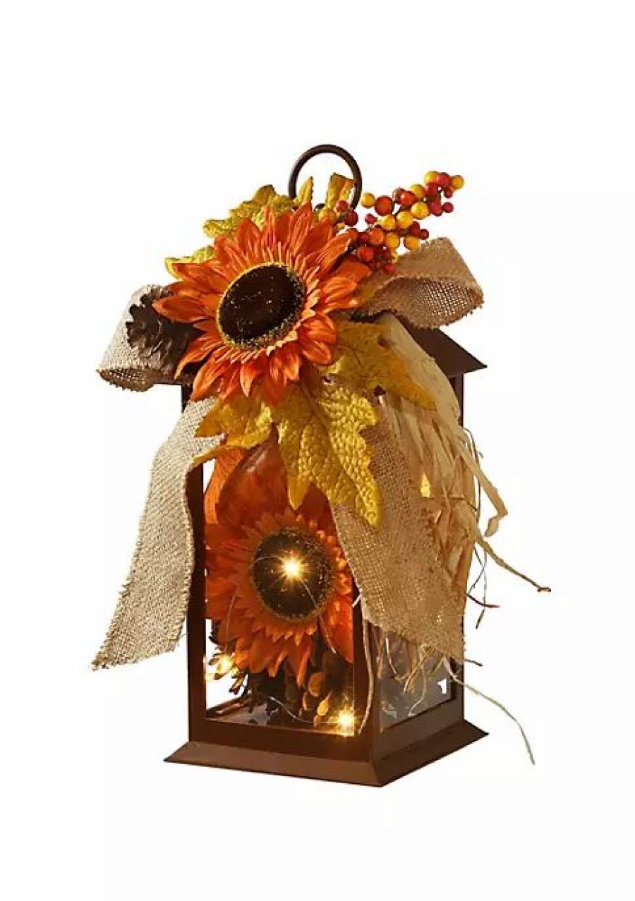 Home * | Discount National Tree 12 Led Lighted Fall Harvest Sunflower Lantern Brown