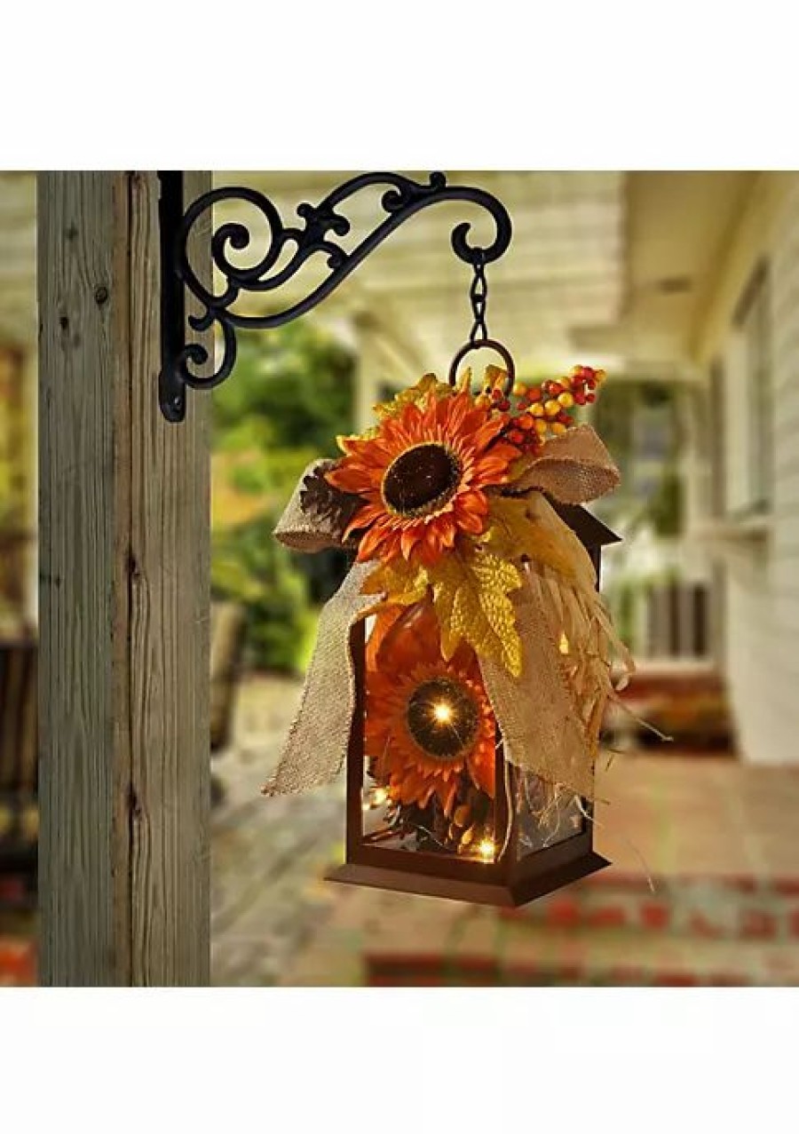 Home * | Discount National Tree 12 Led Lighted Fall Harvest Sunflower Lantern Brown