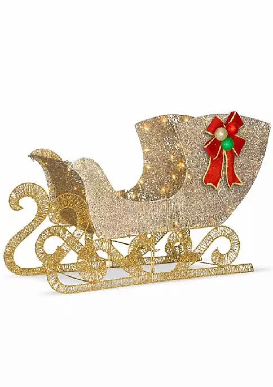 Home * | Hot Sale National Tree 38 Champagne Santa'S Sleigh Christmas Decor With Led Lights Gold