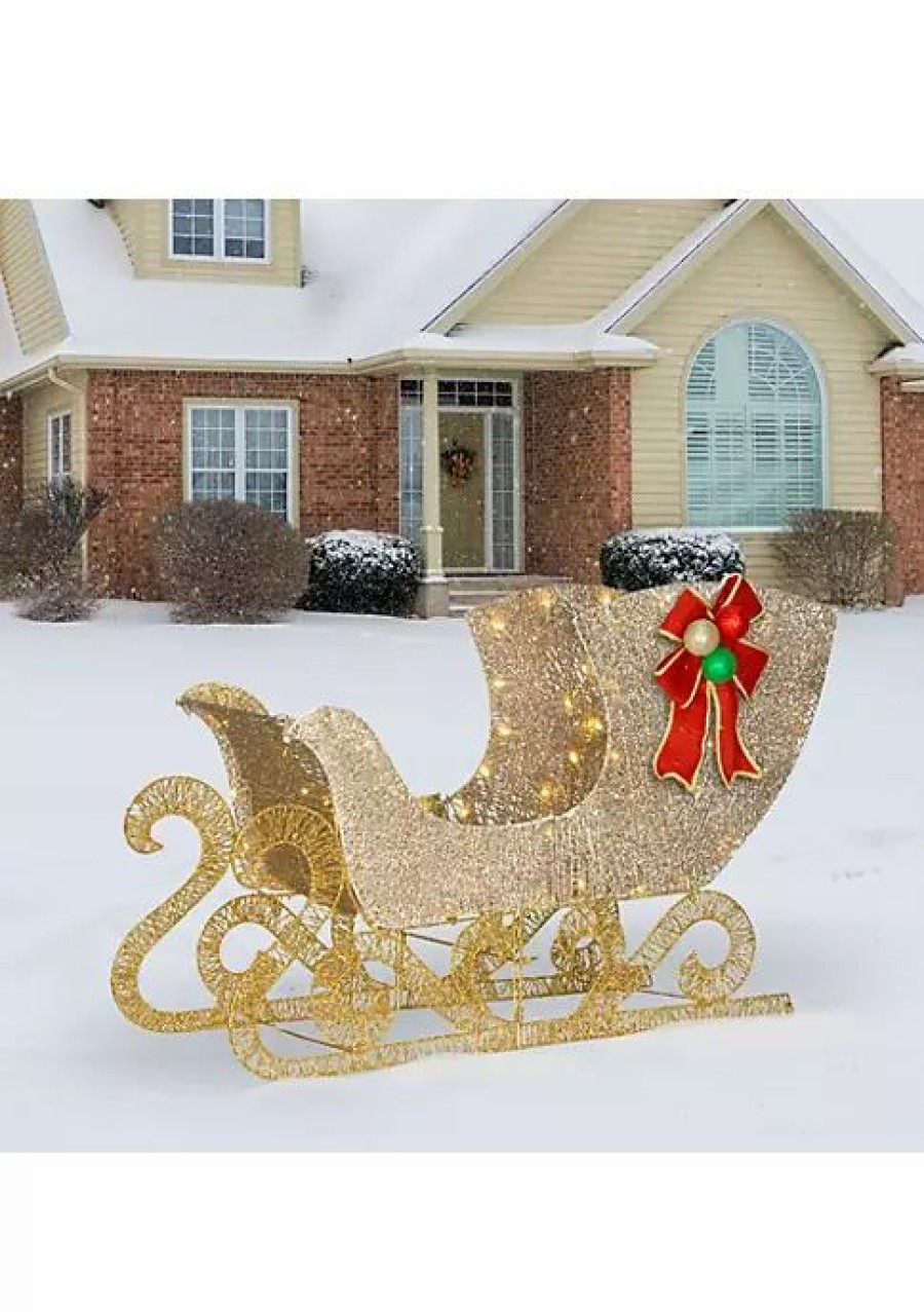 Home * | Hot Sale National Tree 38 Champagne Santa'S Sleigh Christmas Decor With Led Lights Gold