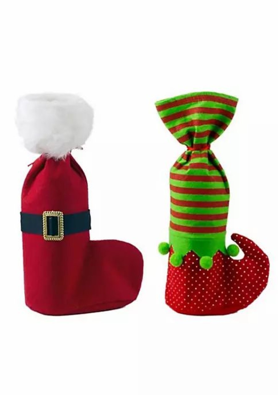 Home * | Coupon Lexi Home Christmas Wine Gift Bag Set Of 2 Red Santa Belt, Red/Green Elf