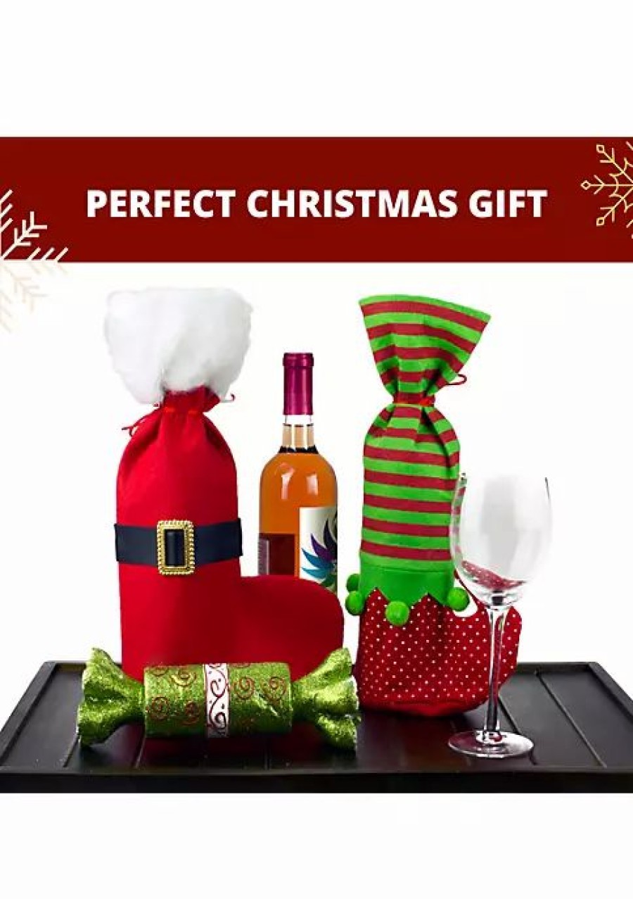 Home * | Coupon Lexi Home Christmas Wine Gift Bag Set Of 2 Red Santa Belt, Red/Green Elf