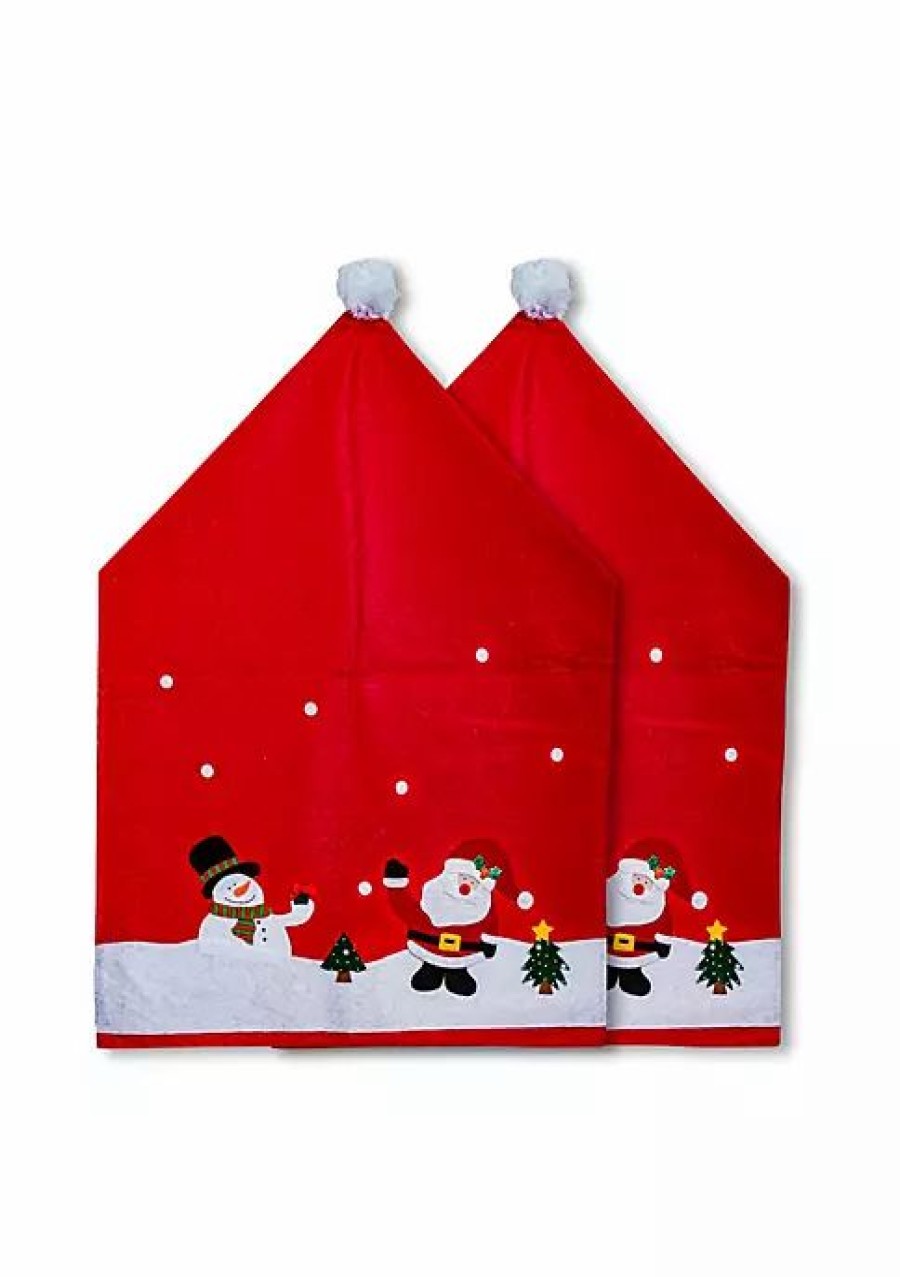 Home * | Cheap Lexi Home Festive Christmas Holiday Decorations Set Of 2 Santa & Friends Dining Room Chair Covers Red Santa And Friends