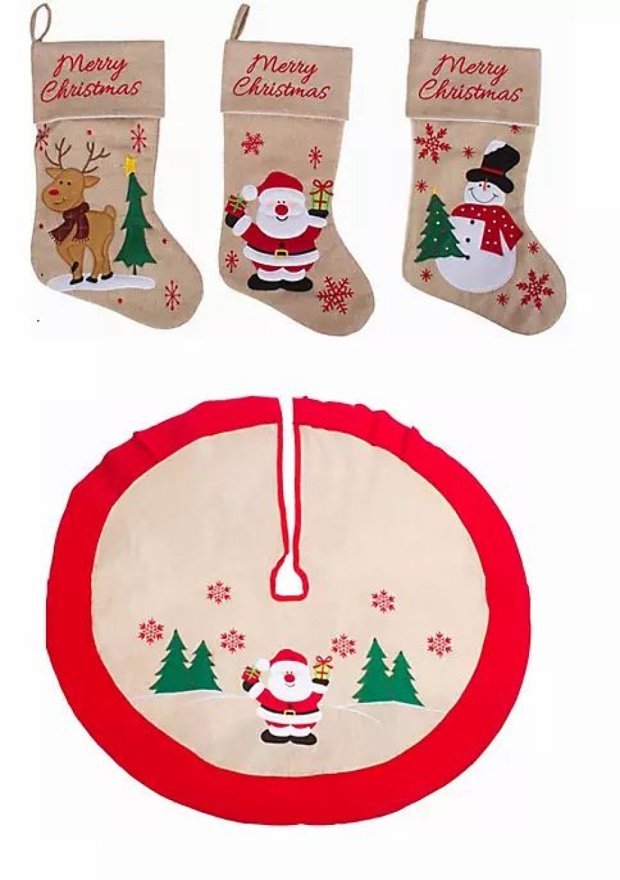 Holiday * | Best Deal Lexi Home Rustic Christmas Holiday 4 Piece Set Burlap Stockings And Tree Skirt Burlap;Red