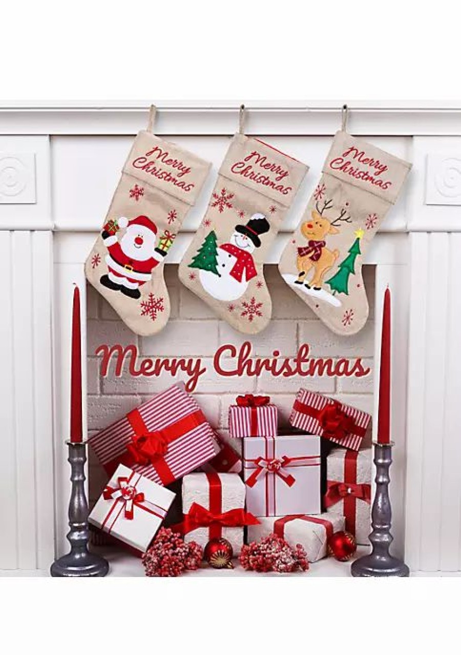 Holiday * | Best Deal Lexi Home Rustic Christmas Holiday 4 Piece Set Burlap Stockings And Tree Skirt Burlap;Red