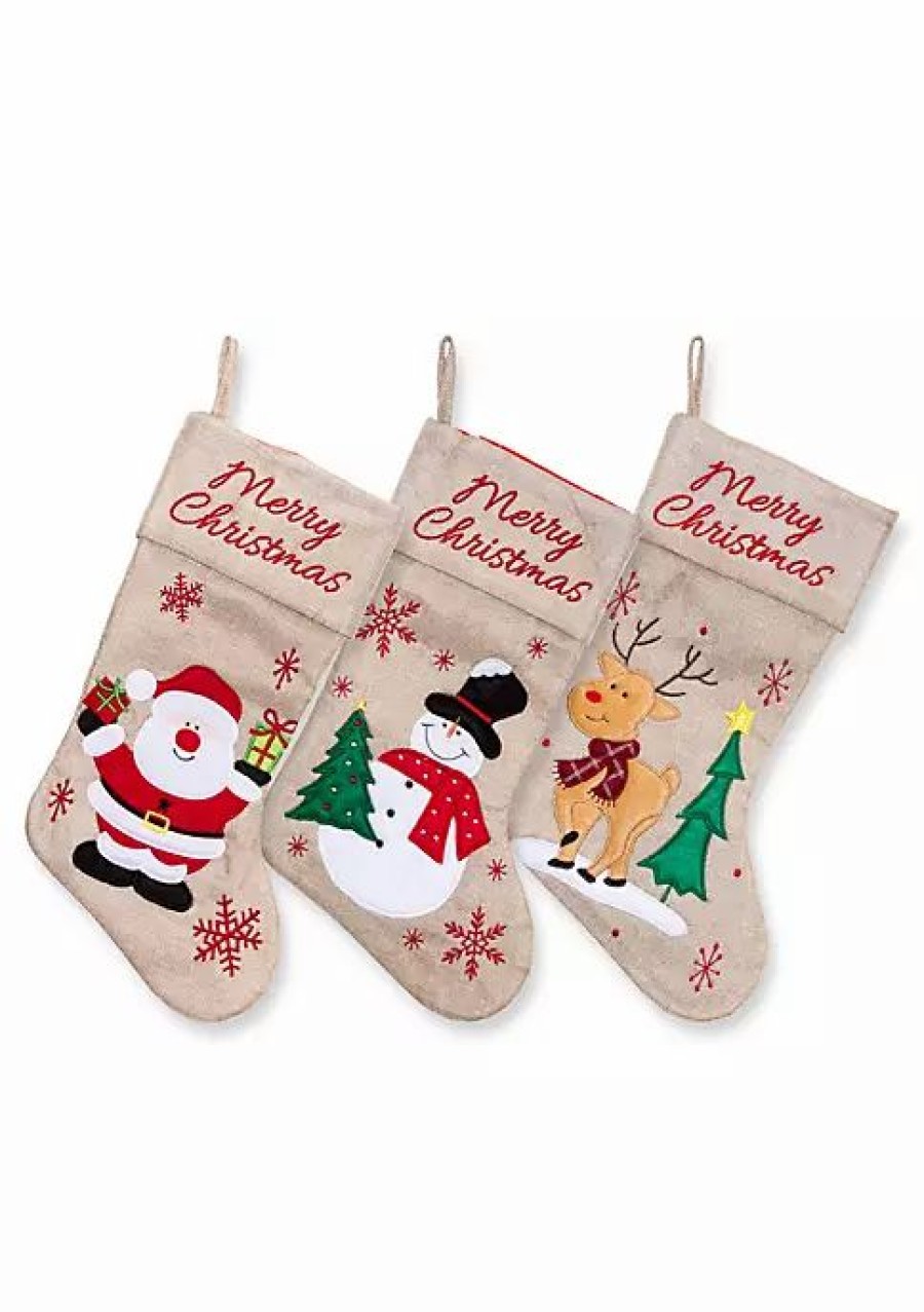 Holiday * | Deals Lexi Home Large Christmas Holiday Stockings Set Of 3 Rustic Burlap Emroidered Santa And Friends Stockings Assorted