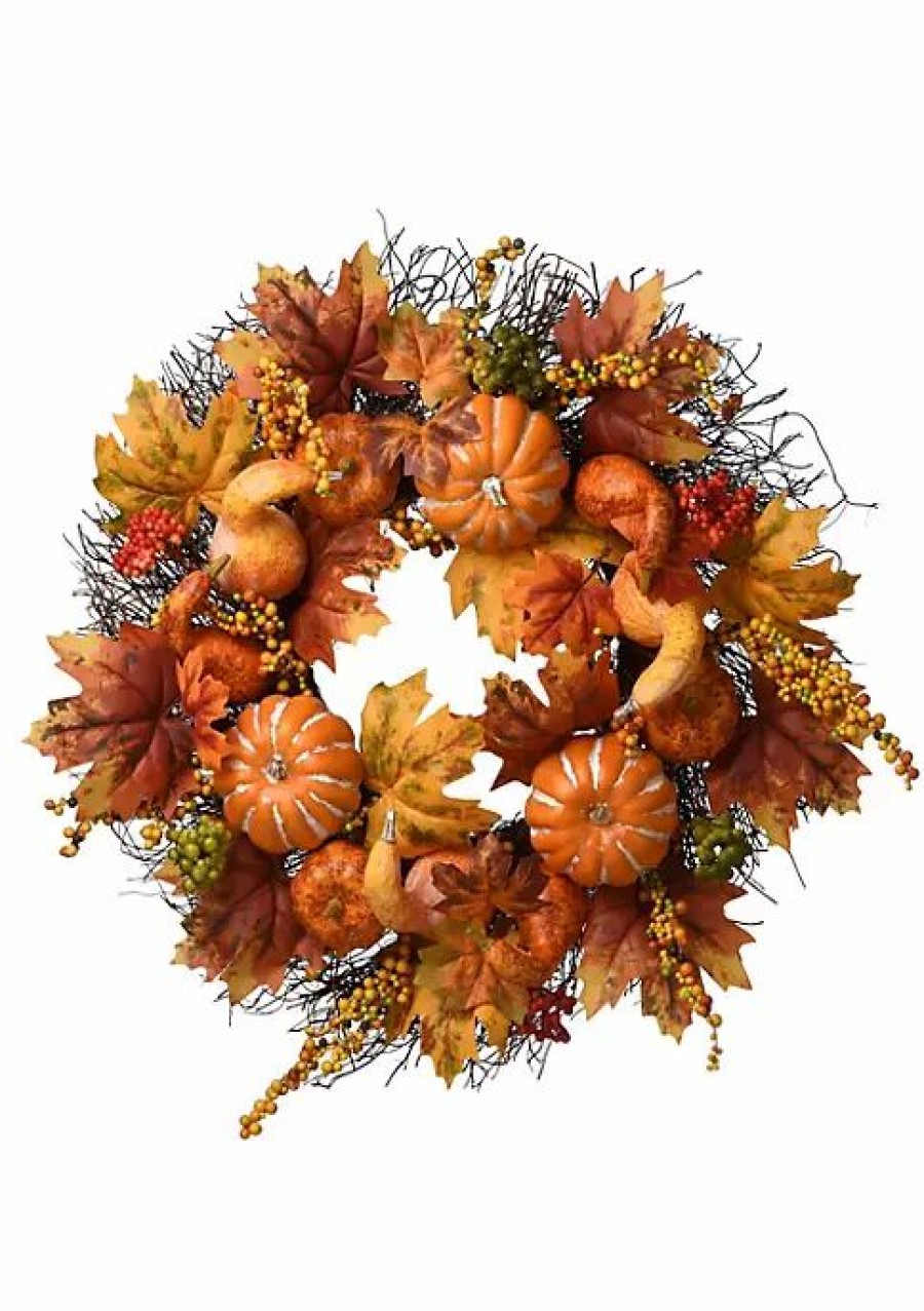 Home * | Discount National Tree Maple And Pumpkin Artificial Thanksgiving Wreath 22-Inch Unlit Orange