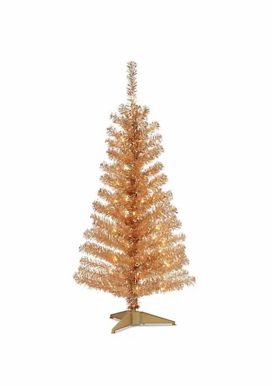 Trees * | Top 10 National Tree 4 Pre-Lit Slim Champagne Tinsel Artificial Christmas Tree Clear Lights Gold