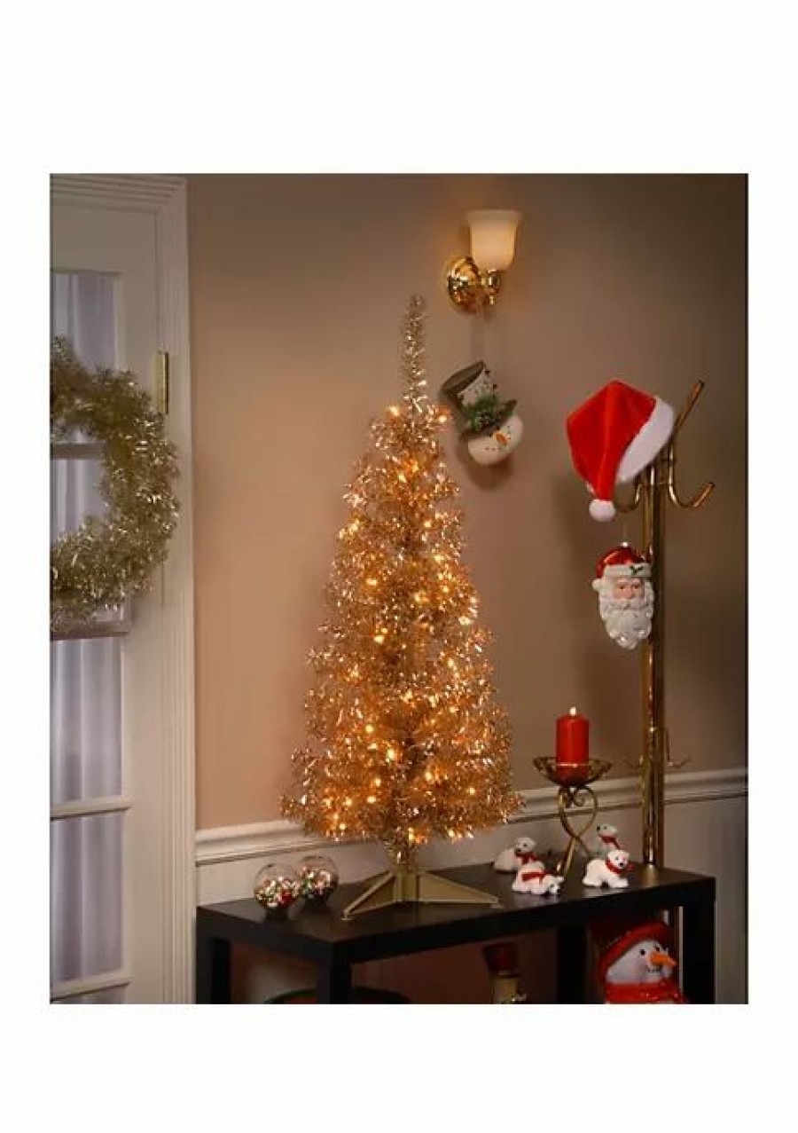 Trees * | Top 10 National Tree 4 Pre-Lit Slim Champagne Tinsel Artificial Christmas Tree Clear Lights Gold