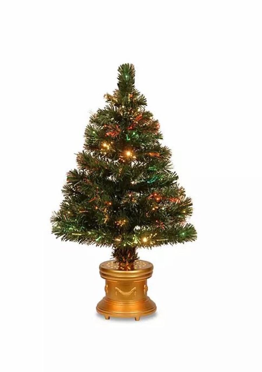 Trees * | Wholesale National Tree 3 Pre-Lit Medium Fiber-Optic Artificial Christmas Tree Multicolor Led Lights Green