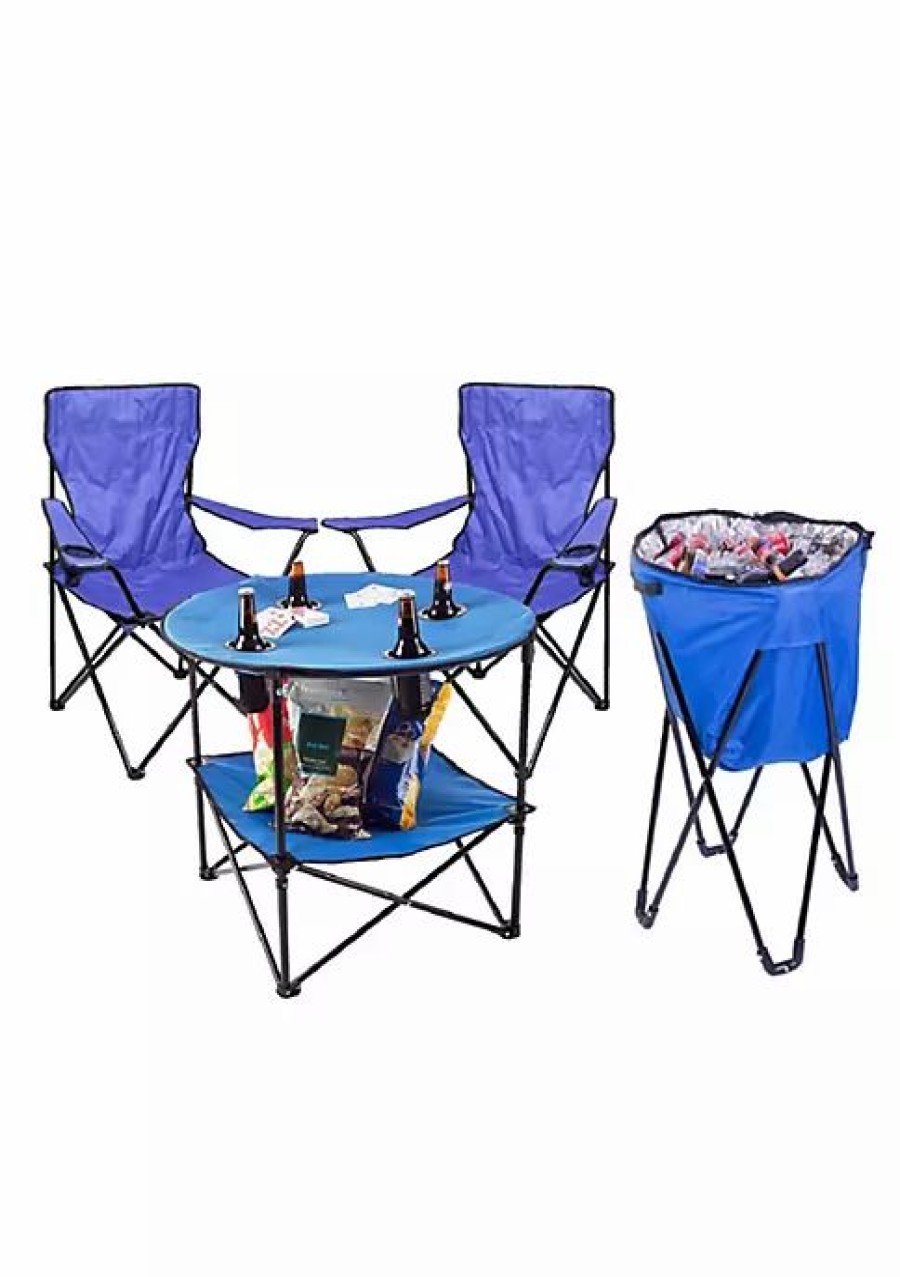 Home * | Discount Lexi Home Durable 4Pc Outdoor Picnic Set Folding Table, Folding Chairs And Chest Cooler Blue