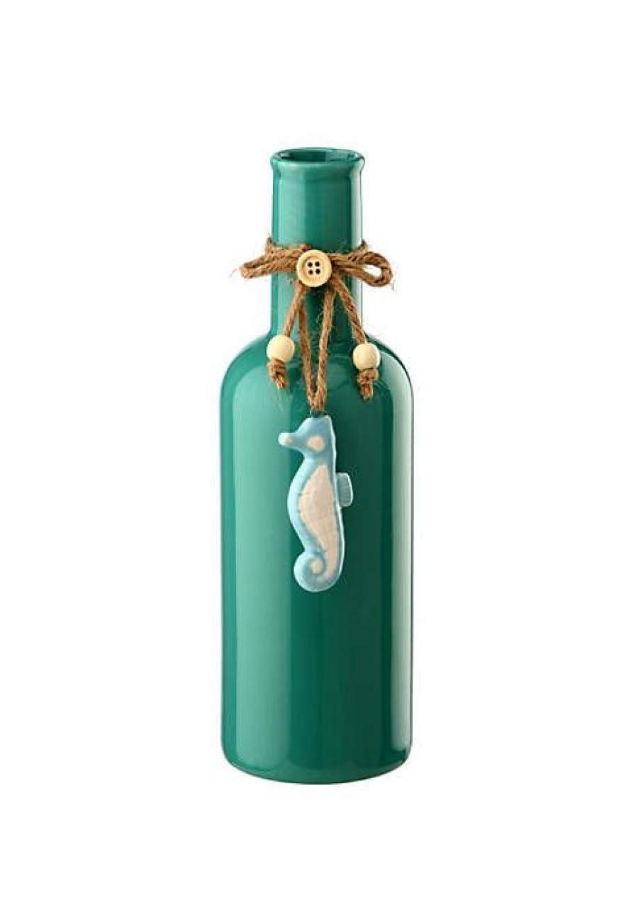 Home * | Outlet National Tree 9.25 Aqua And Blue Sea Horse Antique Style Bottle Vase Green