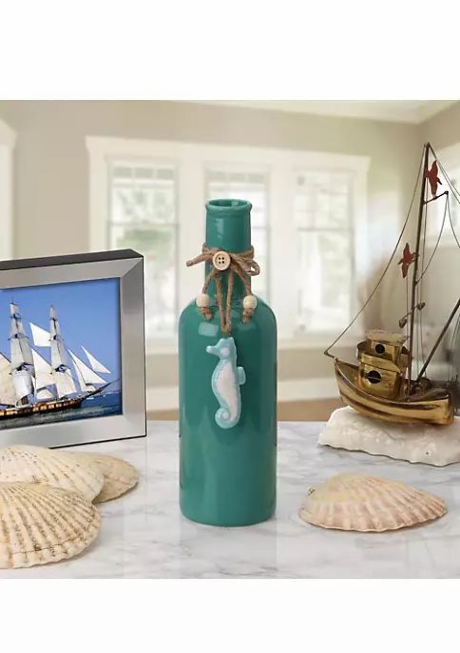 Home * | Outlet National Tree 9.25 Aqua And Blue Sea Horse Antique Style Bottle Vase Green