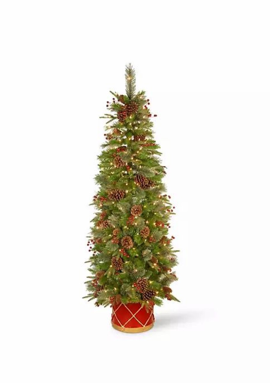 Trees * | Best Deal National Tree 6 Pre-Lit Pencil Colonial Pine Artificial Half Wall Christmas Tree Clear Lights Green