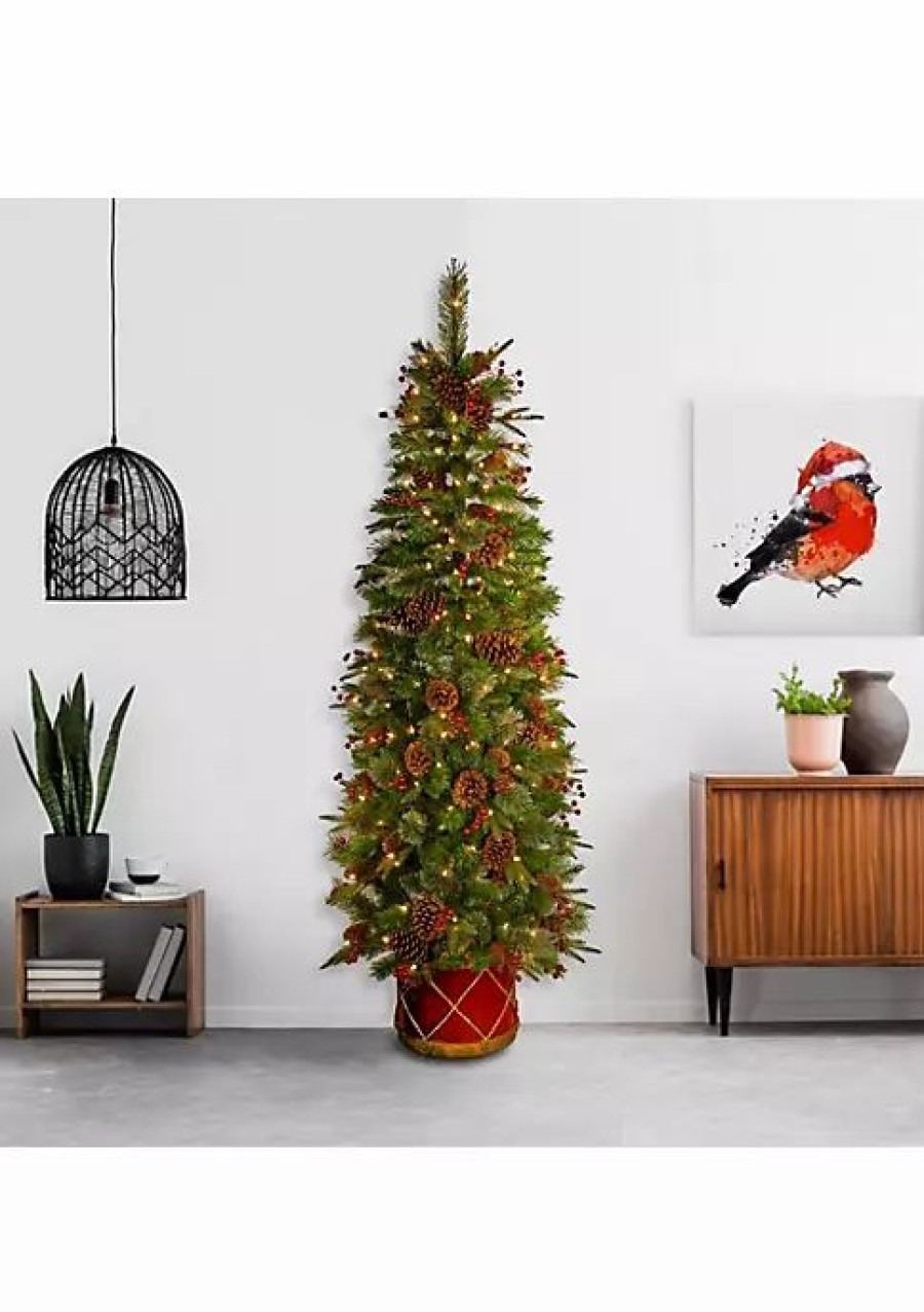 Trees * | Best Deal National Tree 6 Pre-Lit Pencil Colonial Pine Artificial Half Wall Christmas Tree Clear Lights Green