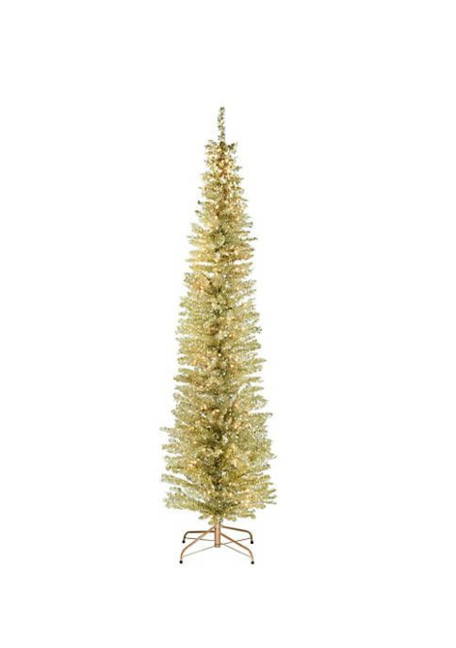 Christmas * | Wholesale National Tree 7 Pre-Lit Pencil Champagne Tinsel Artificial Christmas Tree Clear Lights Gold