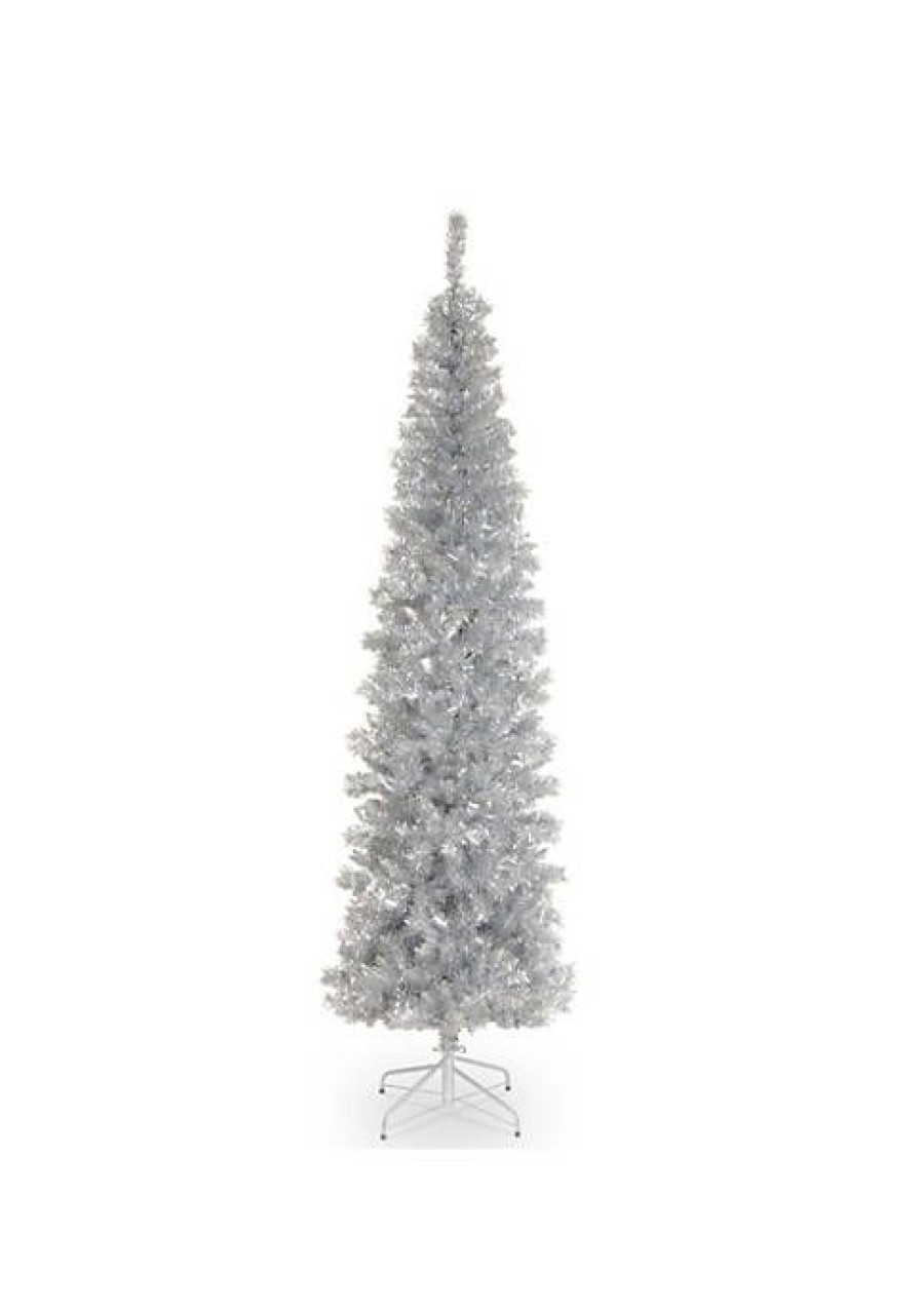 Trees * | Hot Sale National Tree 6 Pencil Tinsel Artificial Christmas Tree Unlit Lights Silver