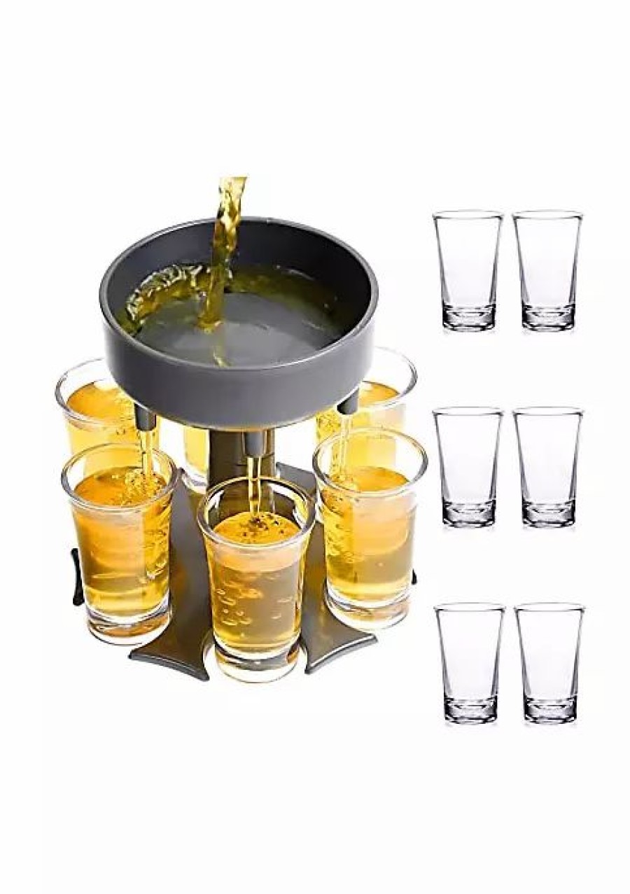 Home * | Best Sale Lexi Home 6 Shot Liquor Dispenser/Holder Set With 6 Shot Acrylic Glasses Grey Dispenser With Clear Acrylic Shot Glasses