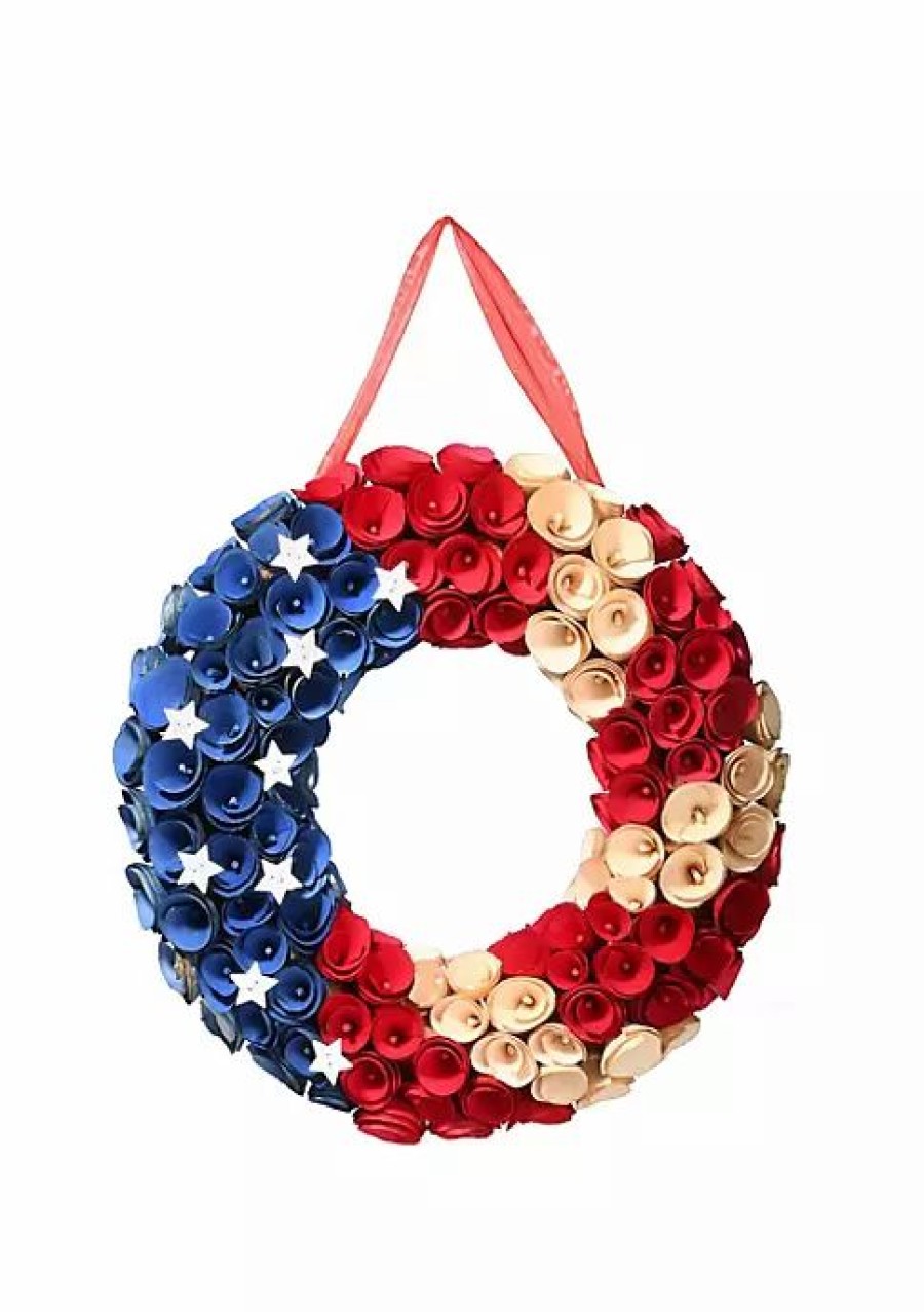 Home * | New National Tree And Red Patriotic Curls Artificial Fourth Of July Wreath 16-Inch Unlit Blue