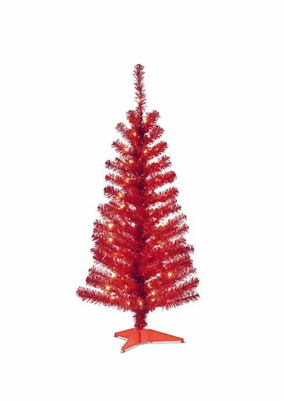 Trees * | Coupon National Tree 4 Pre-Lit Medium Tinsel Artificial Christmas Tree Clear Lights Red