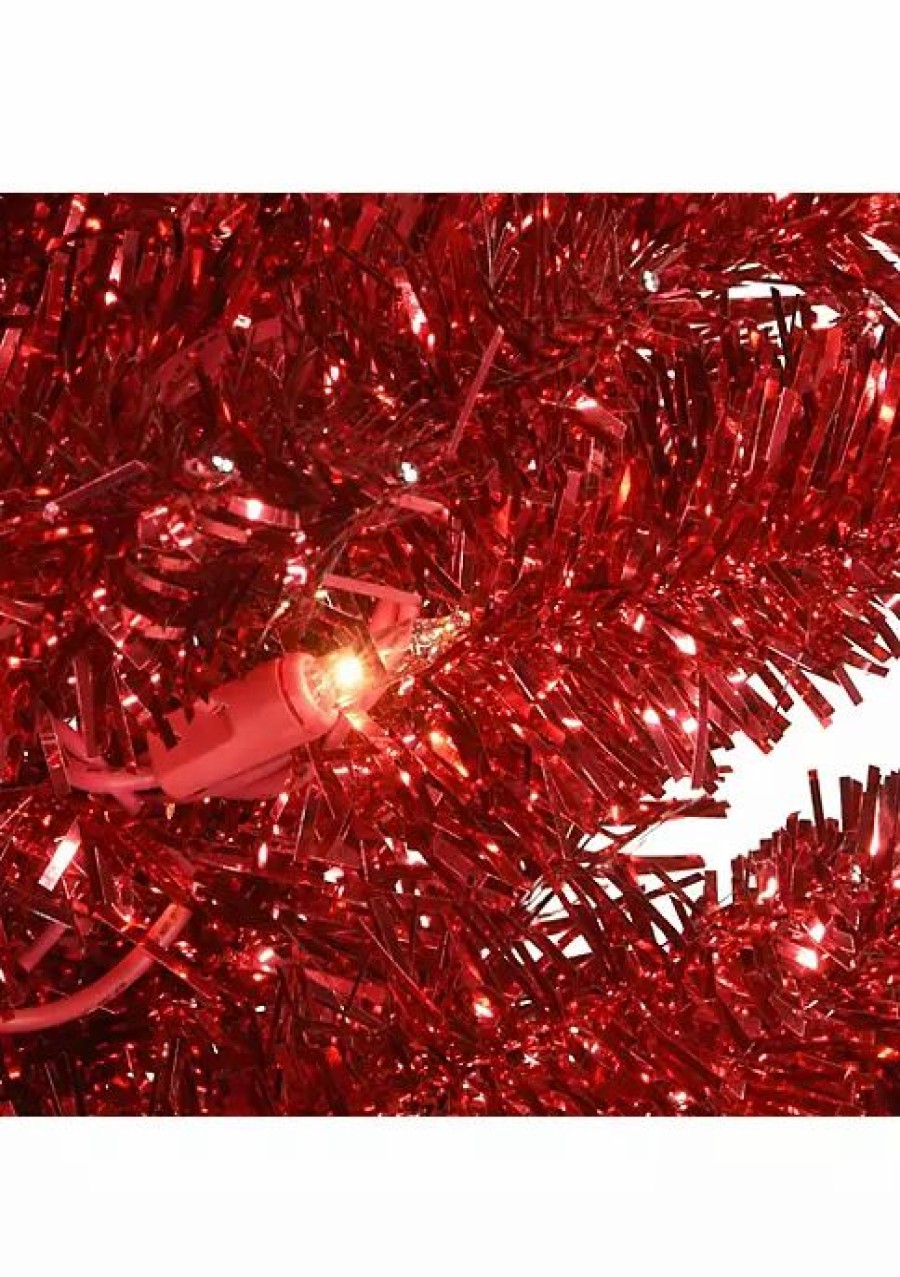 Trees * | Coupon National Tree 4 Pre-Lit Medium Tinsel Artificial Christmas Tree Clear Lights Red