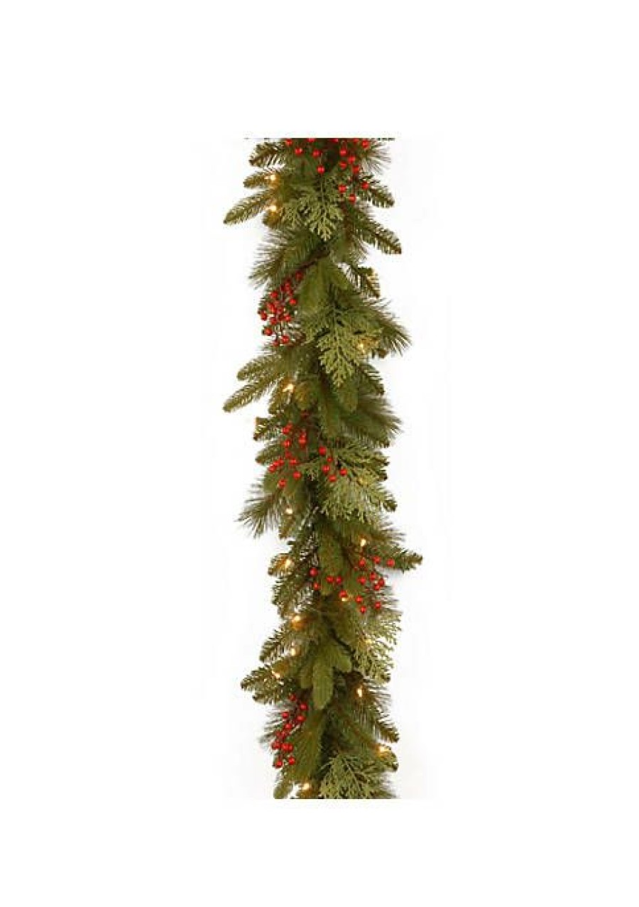 Holiday * | Best Deal National Tree 9 X 12 Pre-Lit Cedar Leaves And Berries Artificial Christmas Garland Clear Lights Green