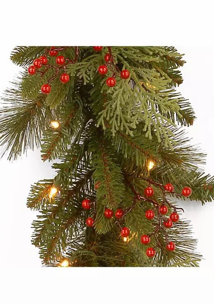 Holiday * | Best Deal National Tree 9 X 12 Pre-Lit Cedar Leaves And Berries Artificial Christmas Garland Clear Lights Green