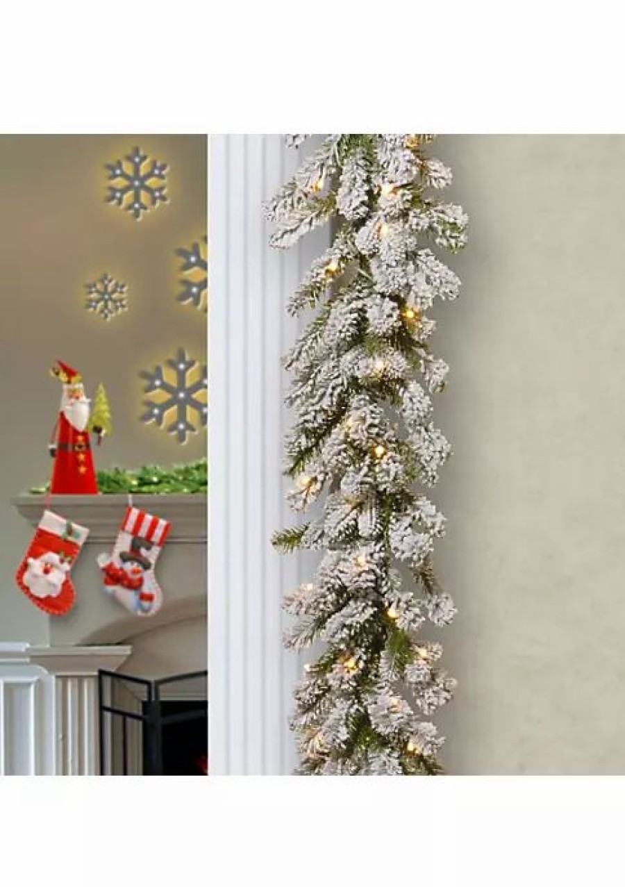 Holiday * | Discount National Tree 9 X 12 Pre-Lit Snowy Sheffield Spruce Artificial Christmas Garland Clear Lights Green