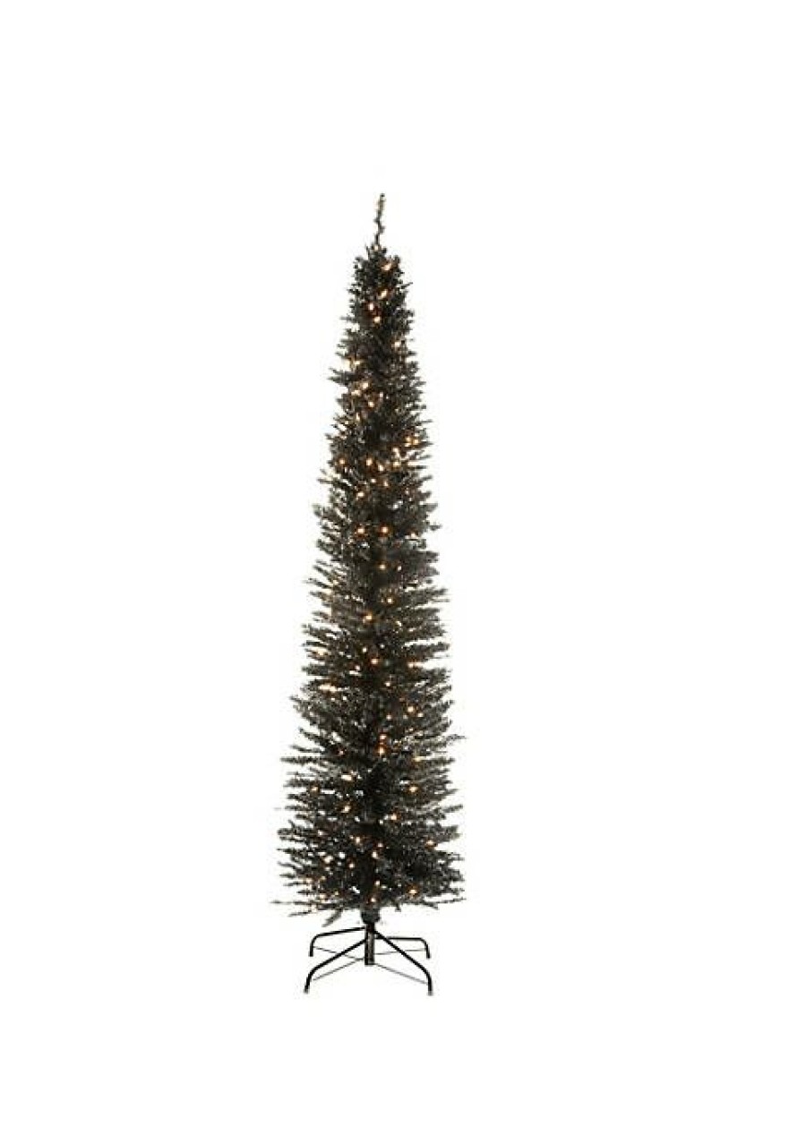 Trees * | Cheap National Tree 7' Pre-Lit Pencil Tinsel Artificial Christmas Tree Clear Lights Black