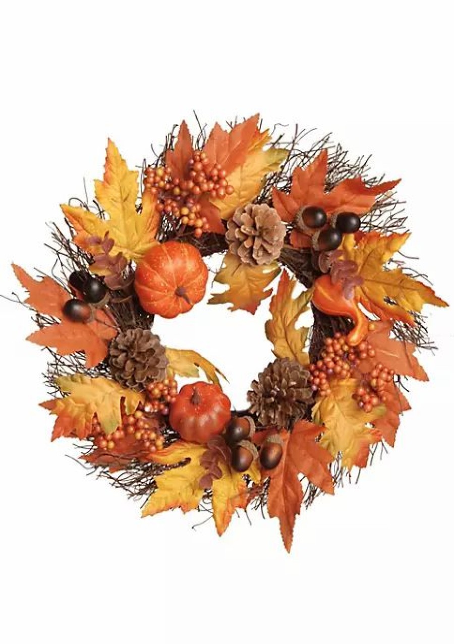 Home * | Best Sale National Tree Pumpkins And Maple Leaves Halloween Wreath And Yellow 16-Inch Orange