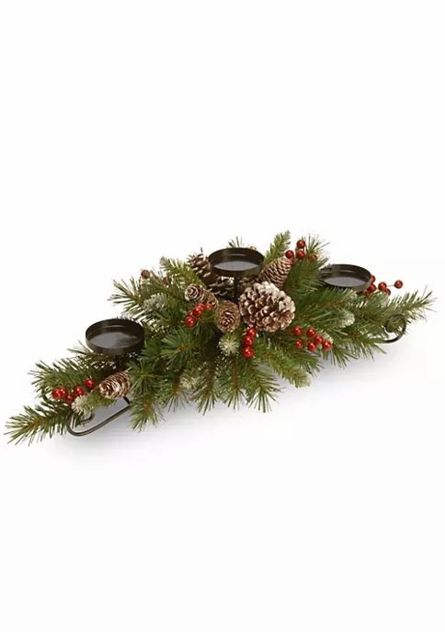 Home * | Outlet National Tree 30 And Brown Frosted Berry Christmas Centerpiece And Candle Holder Green