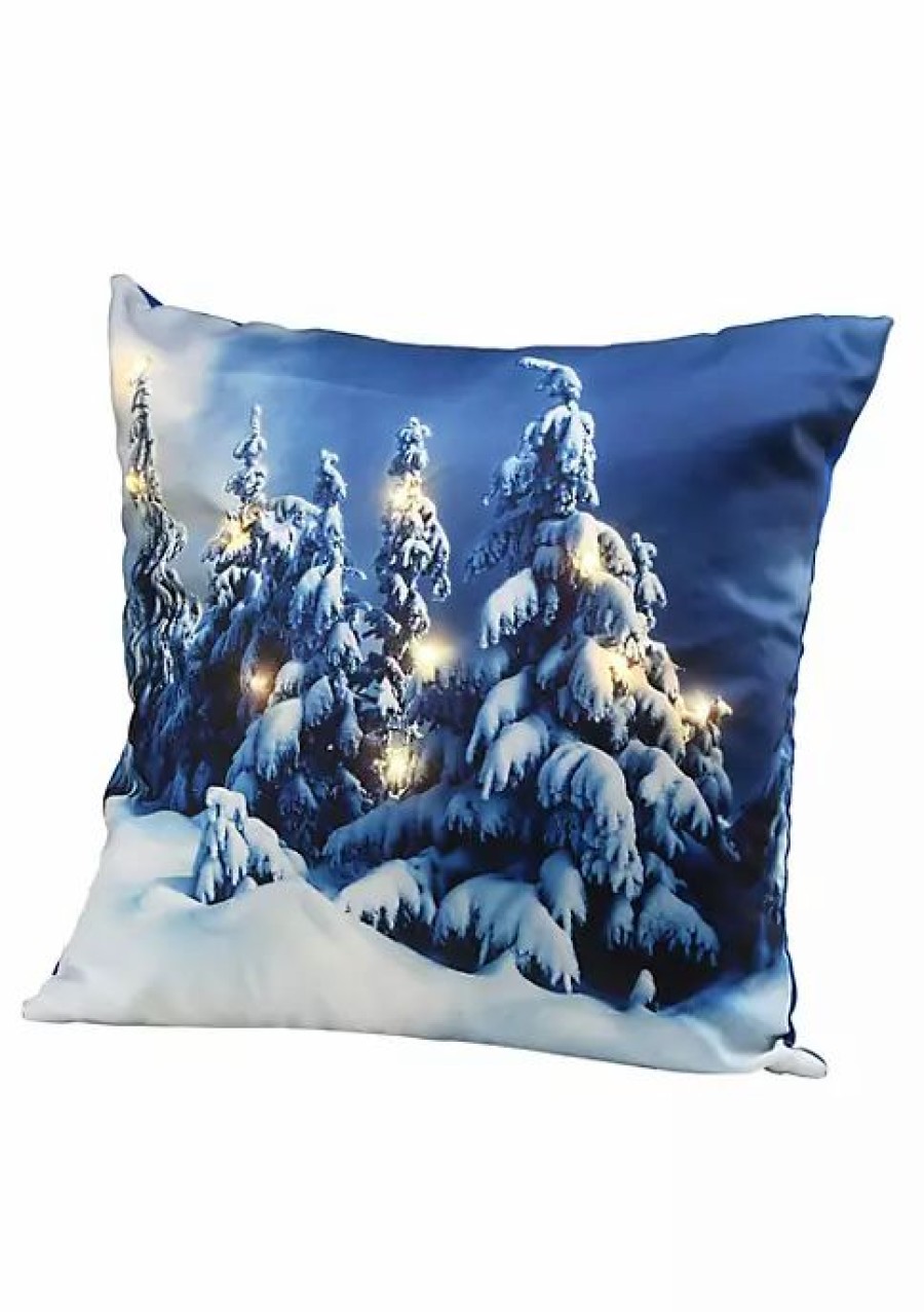 Holiday * | Outlet National Tree 17 And White Winter Scene Square Pillow With Led Lights Blue