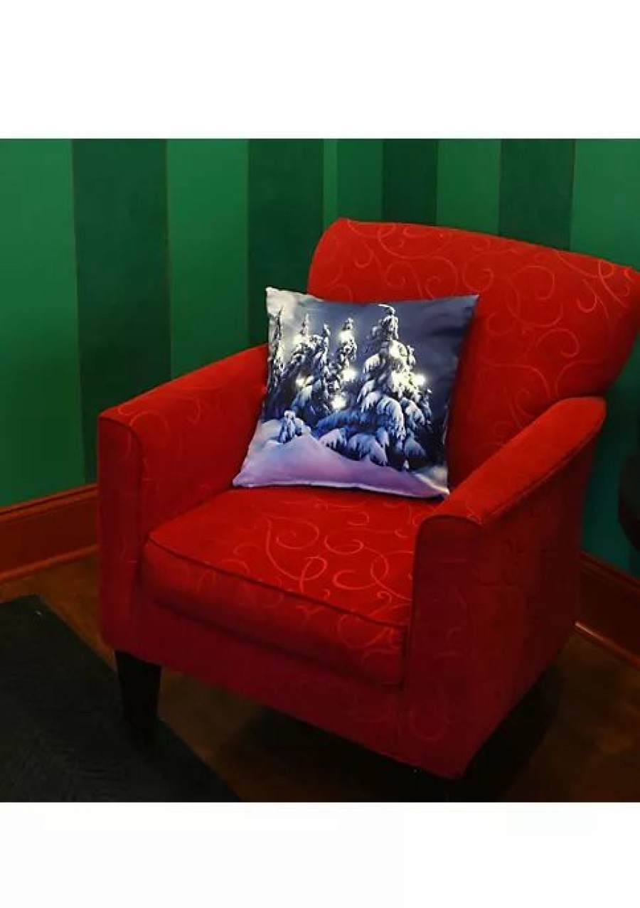 Holiday * | Outlet National Tree 17 And White Winter Scene Square Pillow With Led Lights Blue