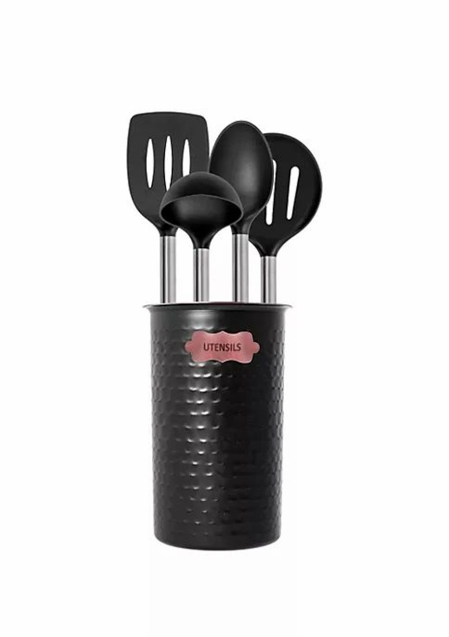 Home * | New Lexi Home 5Pc Copper Two Tone Kitchen Utensil Set Hammered Caddy Black