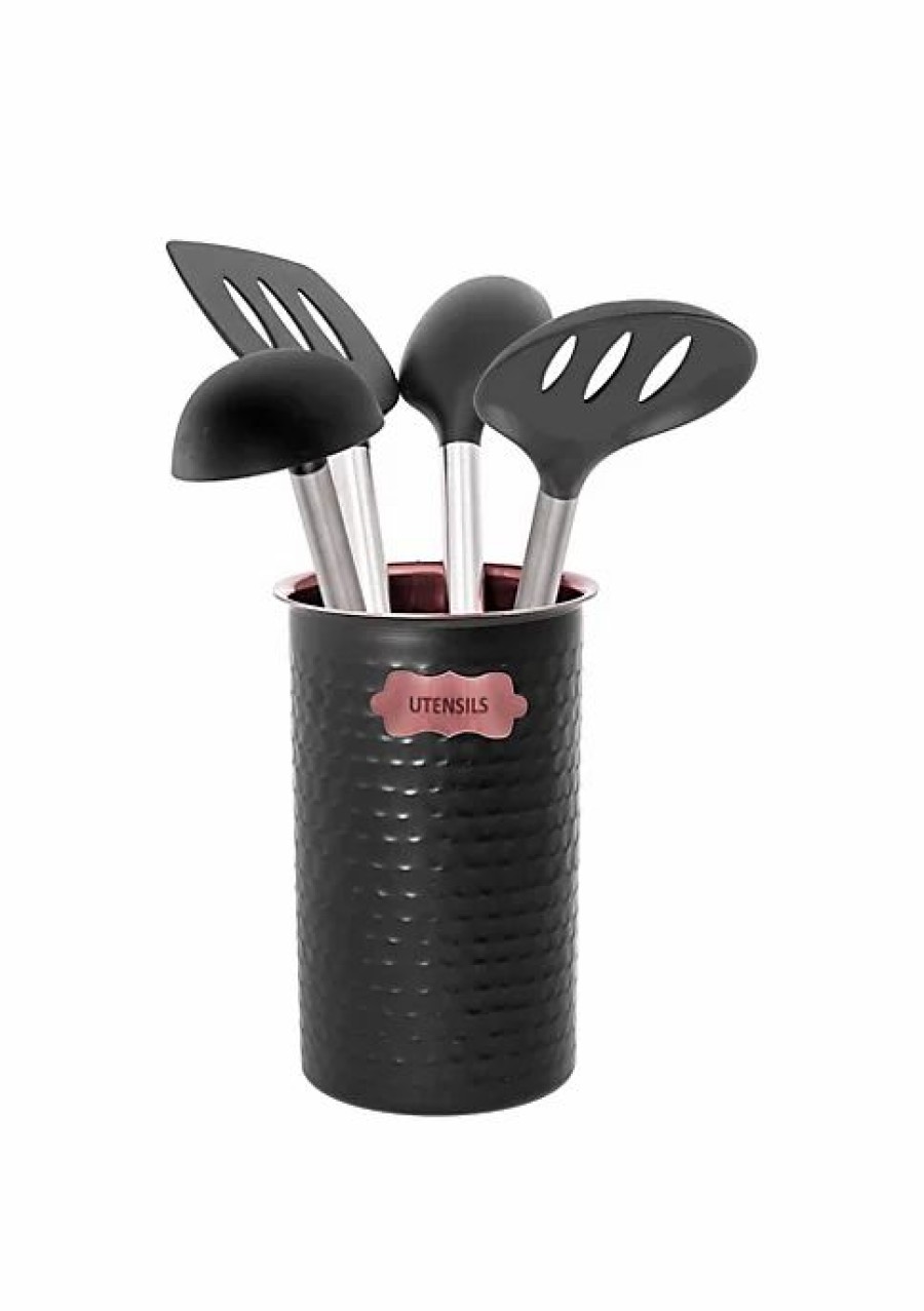 Home * | New Lexi Home 5Pc Copper Two Tone Kitchen Utensil Set Hammered Caddy Black