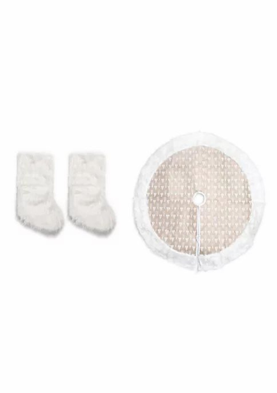 Home * | Best Deal Lexi Home Rustic Christmas Holiday 3 Piece Set Cream Plush Stockings And Burlap Tree Skirt Cream;Burlap