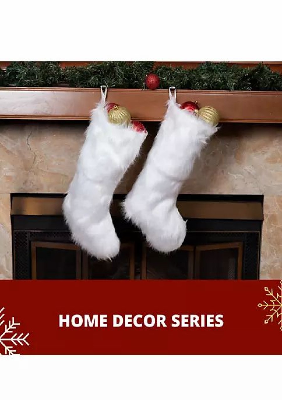 Home * | Best Deal Lexi Home Rustic Christmas Holiday 3 Piece Set Cream Plush Stockings And Burlap Tree Skirt Cream;Burlap