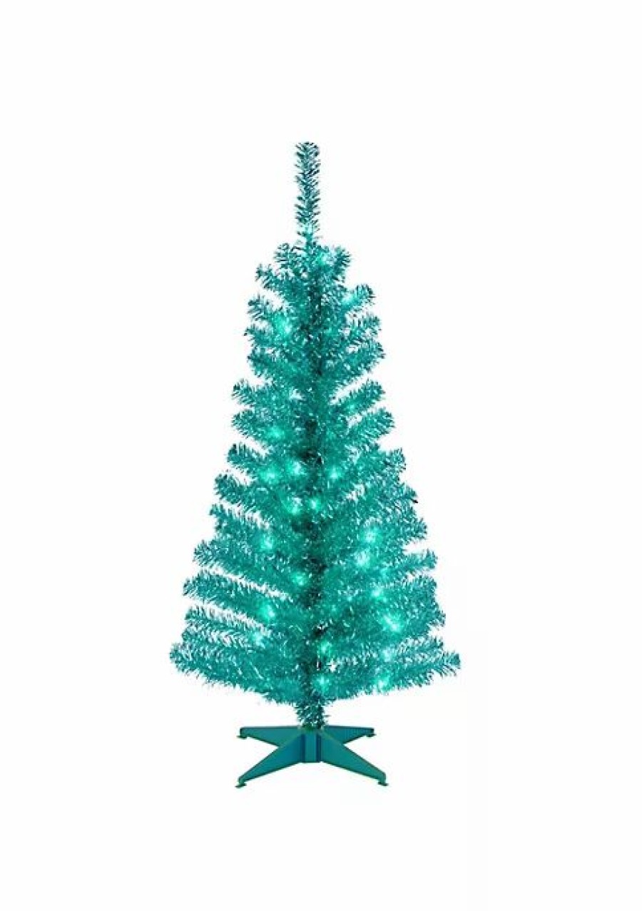 Christmas * | Hot Sale National Tree 4 Pre-Lit Medium Turquoise Tinsel Artificial Christmas Tree Clear Lights Blue