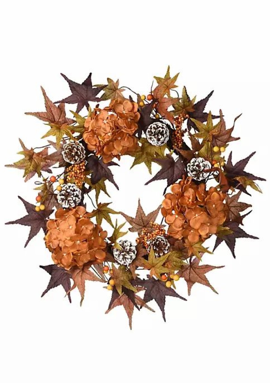 Home * | Best Pirce National Tree Hydrangea And Maple Leaves Artificial Thanksgiving Wreath 24-Inch Unlit Orange