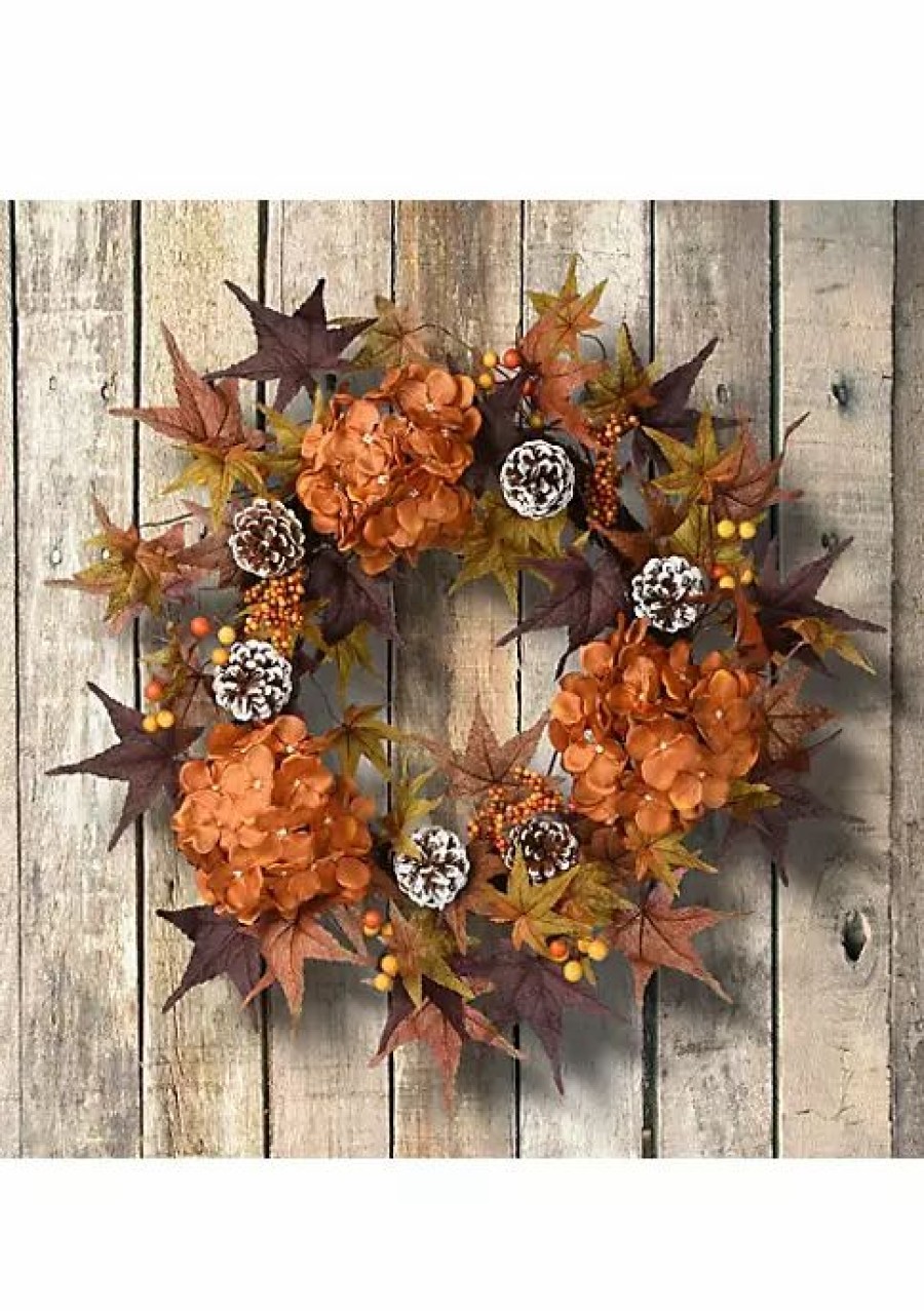 Home * | Best Pirce National Tree Hydrangea And Maple Leaves Artificial Thanksgiving Wreath 24-Inch Unlit Orange