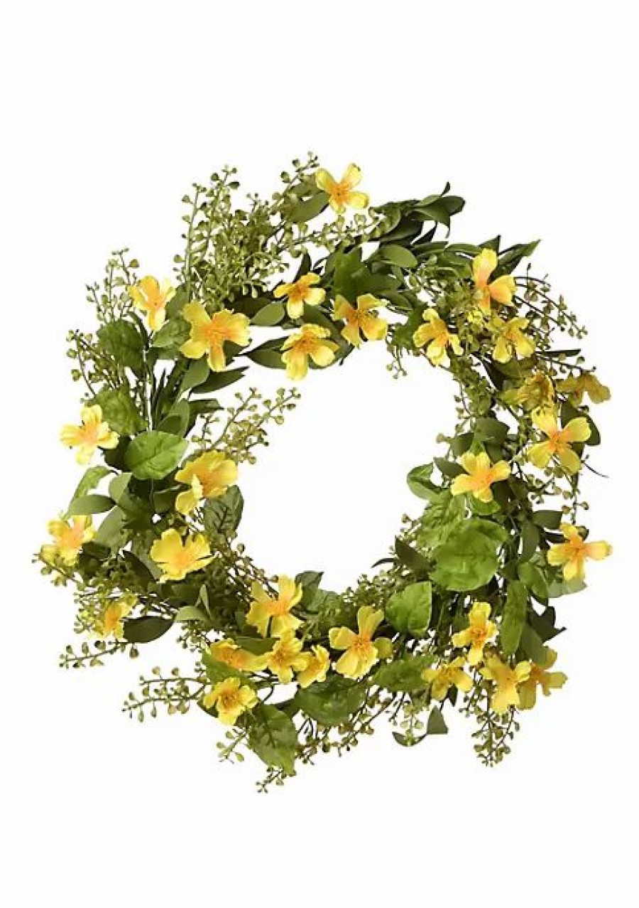 Home * | Budget National Tree And Green Cosmos Flowers Artificial Wreath 22-Inch Unlit Yellow