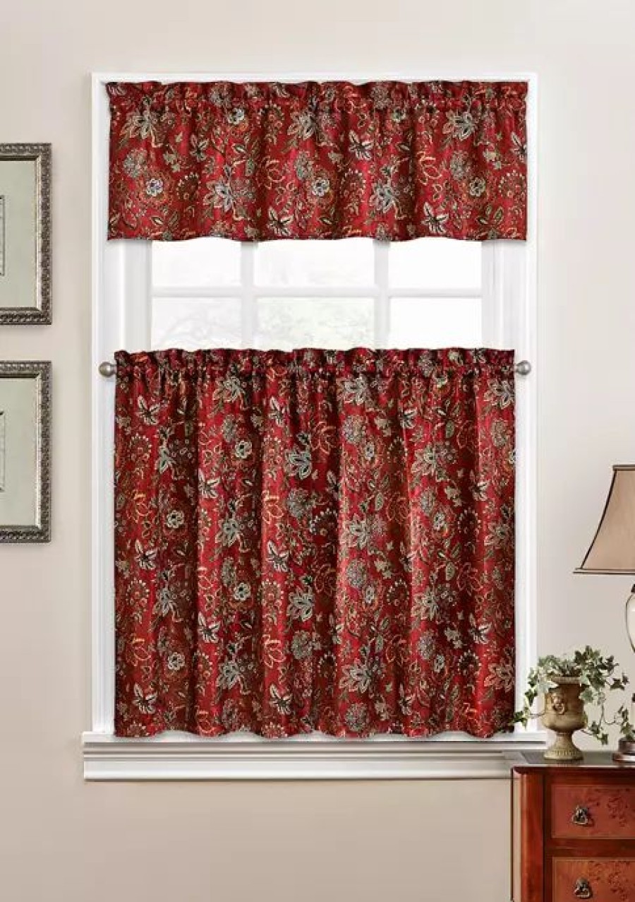 Home * | Best Reviews Of Traditions By Waverly Navarra Floral Tier And Valance Set Crimson