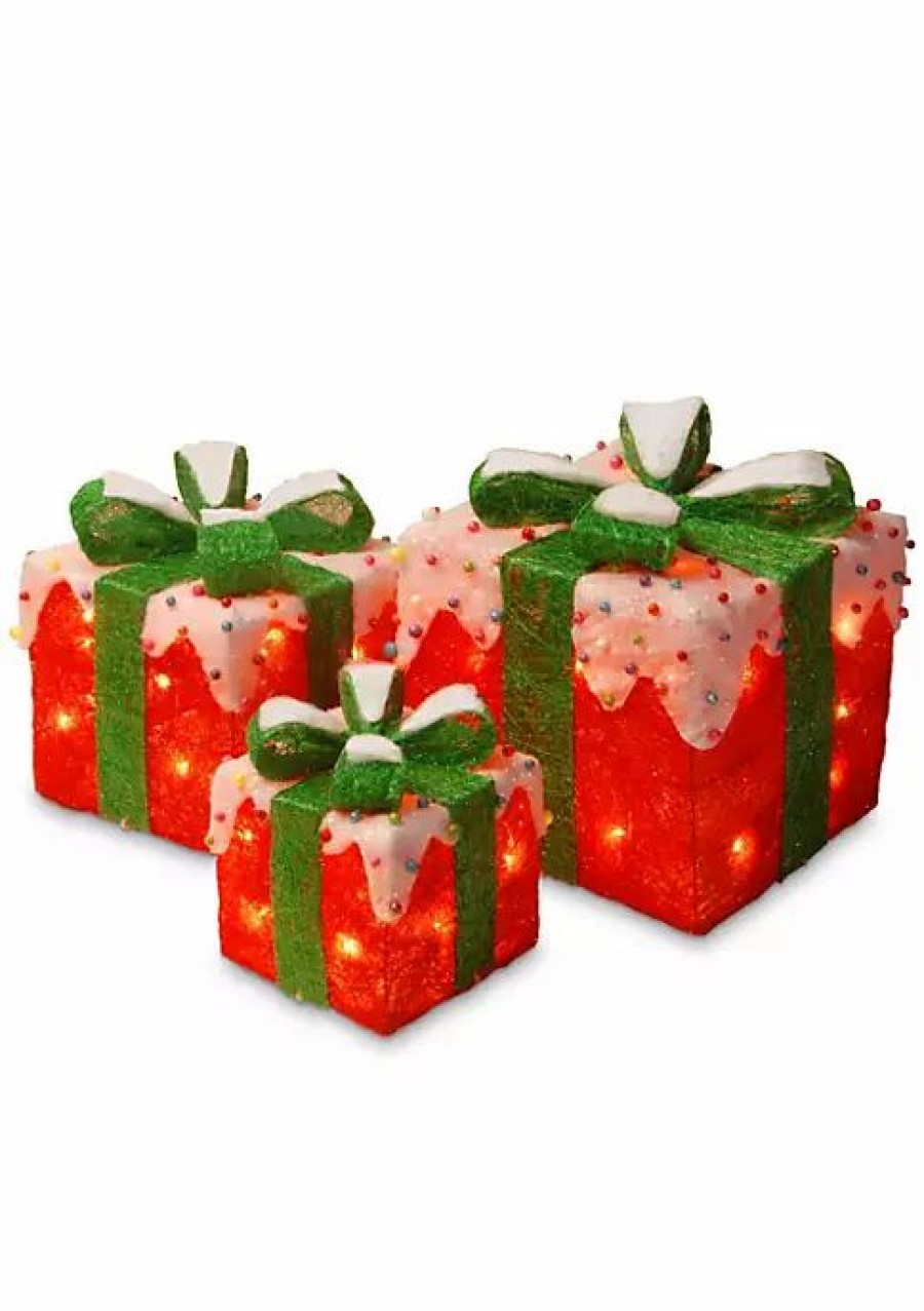 Christmas * | Best Reviews Of National Tree Set Of 3 And Green Pre-Lit Gift Boxes Christmas Decor 11.75 Red