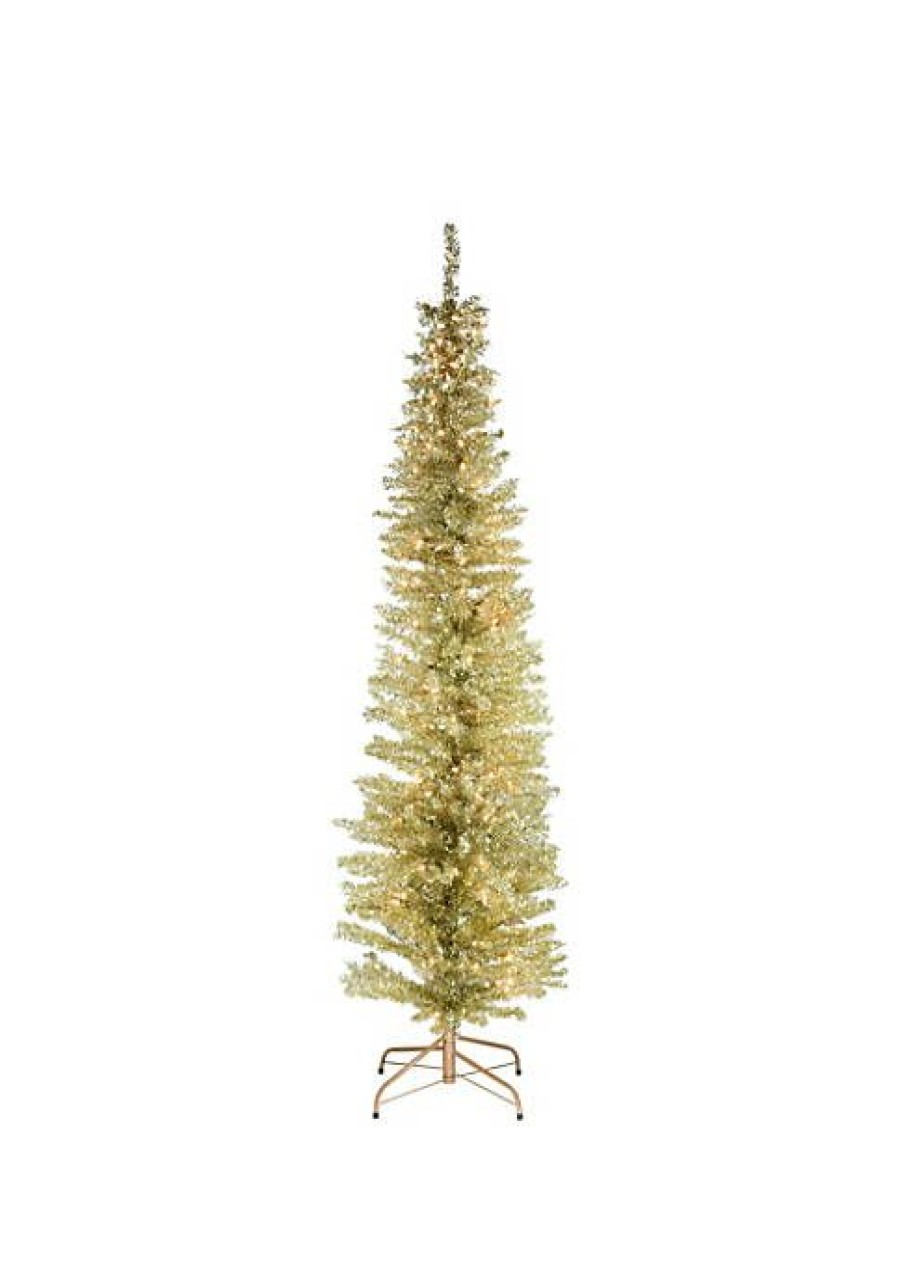 Trees * | Cheapest National Tree 6 Pre-Lit Pencil Champagne Tinsel Artificial Christmas Tree Clear Lights Gold