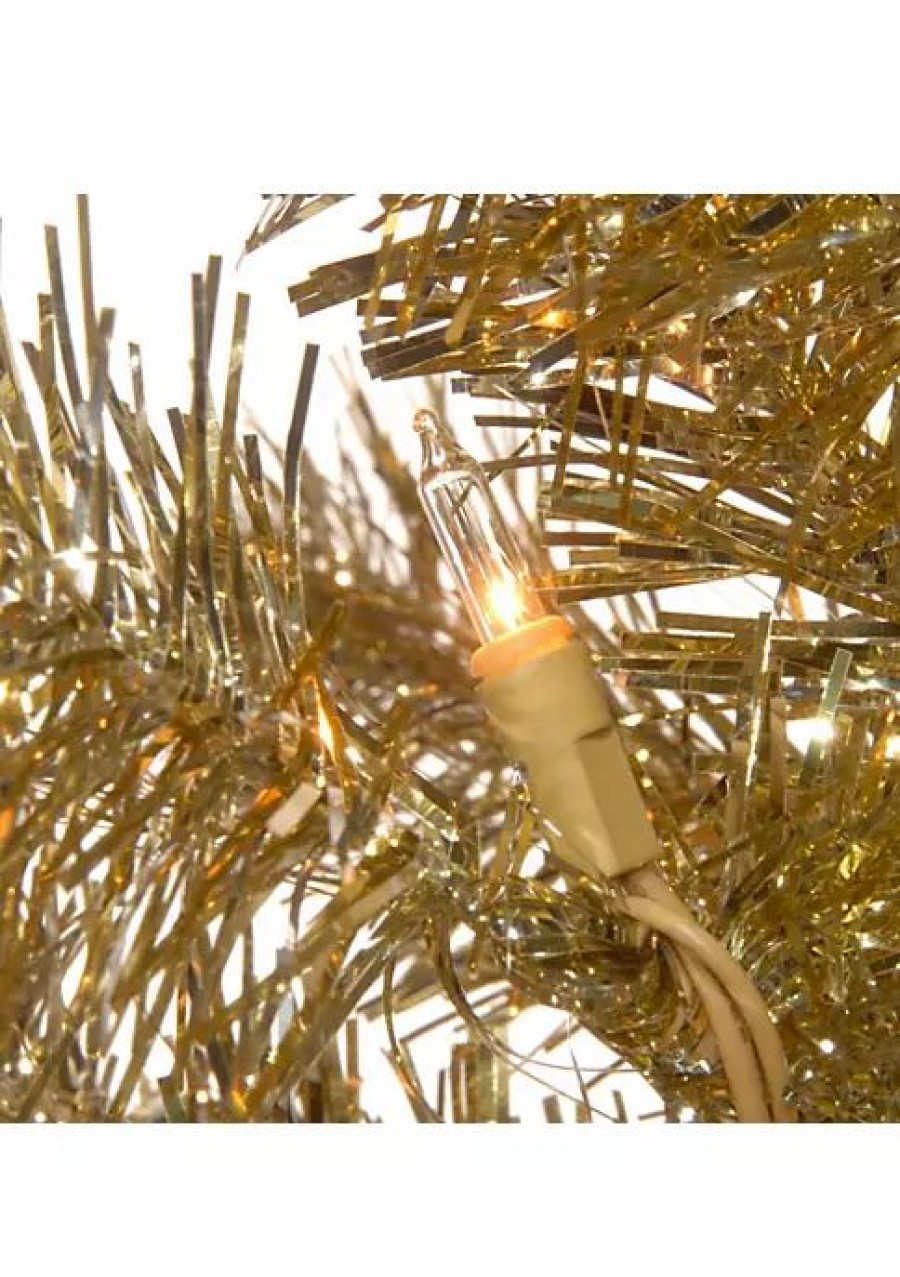 Trees * | Cheapest National Tree 6 Pre-Lit Pencil Champagne Tinsel Artificial Christmas Tree Clear Lights Gold